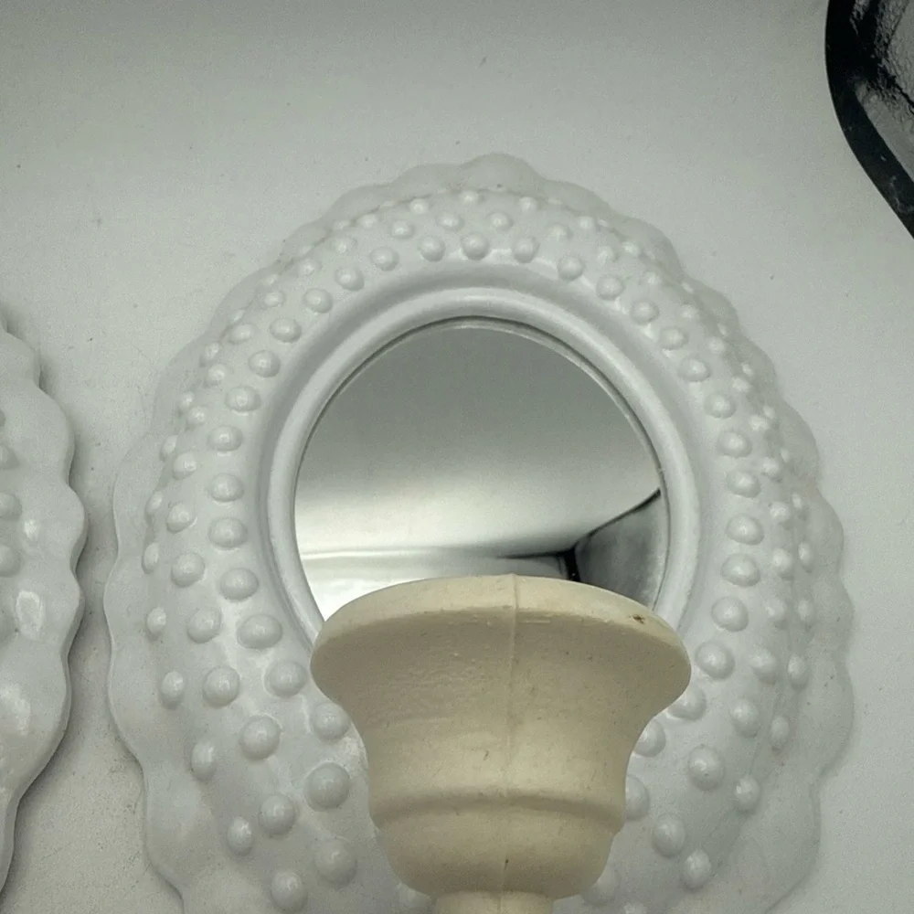 2 VTG 1985 Burwood White Plastic Hobnail Mirrored candle wall Sconces 10x7”